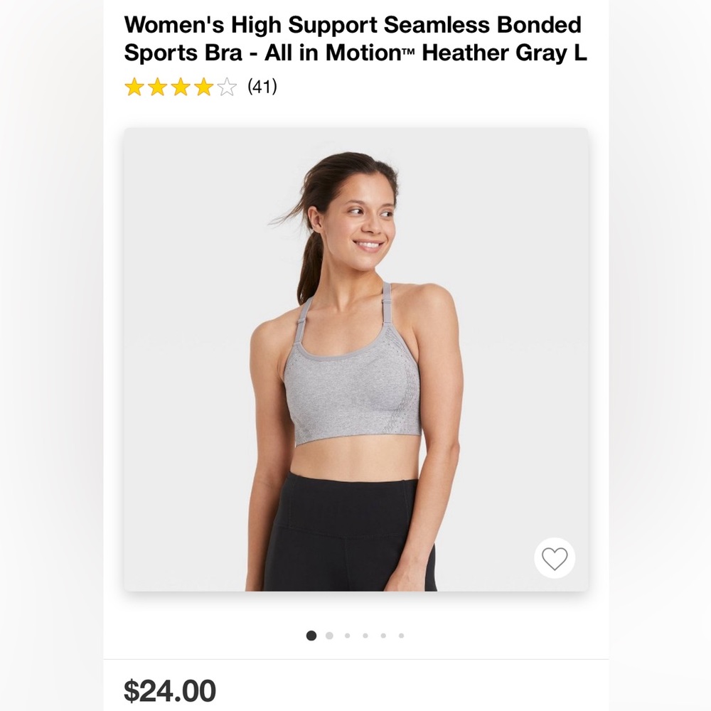 High support seamless bonded sports bra all in motion heather grey large. NWT.